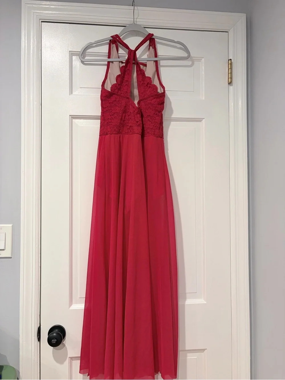 Weissman Lace Plunge Maxi Dance Dress – Red – Adult Medium MA – Style 17727